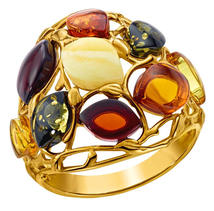 Damesring met echte kleurrijke barnsteen 