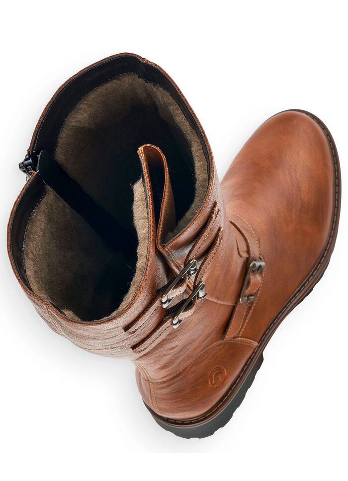 Remonte, gevoerde dameslaarzen, winterschoenen, breedte G, met lamsvacht COGNAC