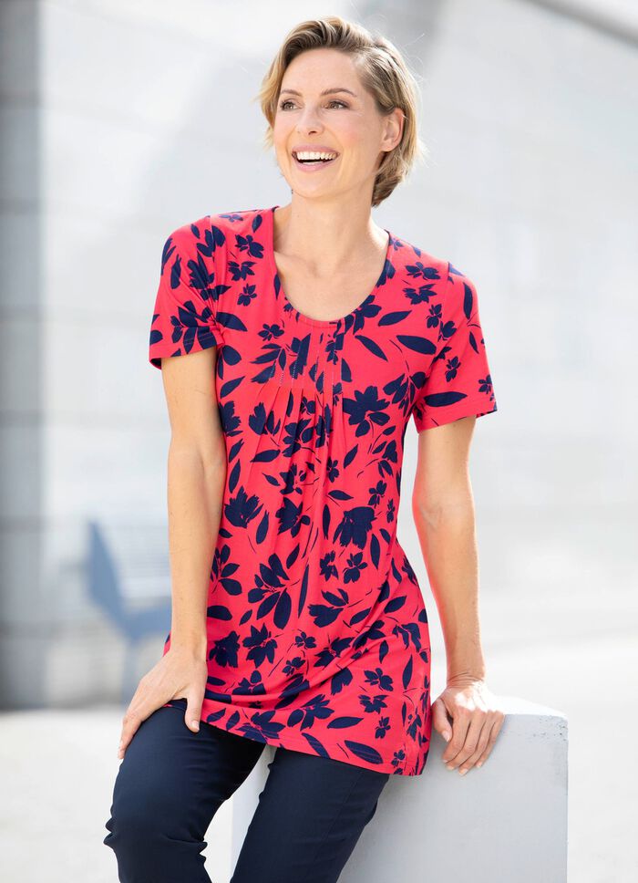 Interessant lang shirt met all-over patroon in 2 kleuren ROOD-MARINE