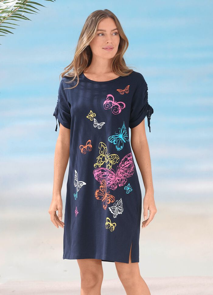 Jurk met geplaatste print en plooibare mouwen 