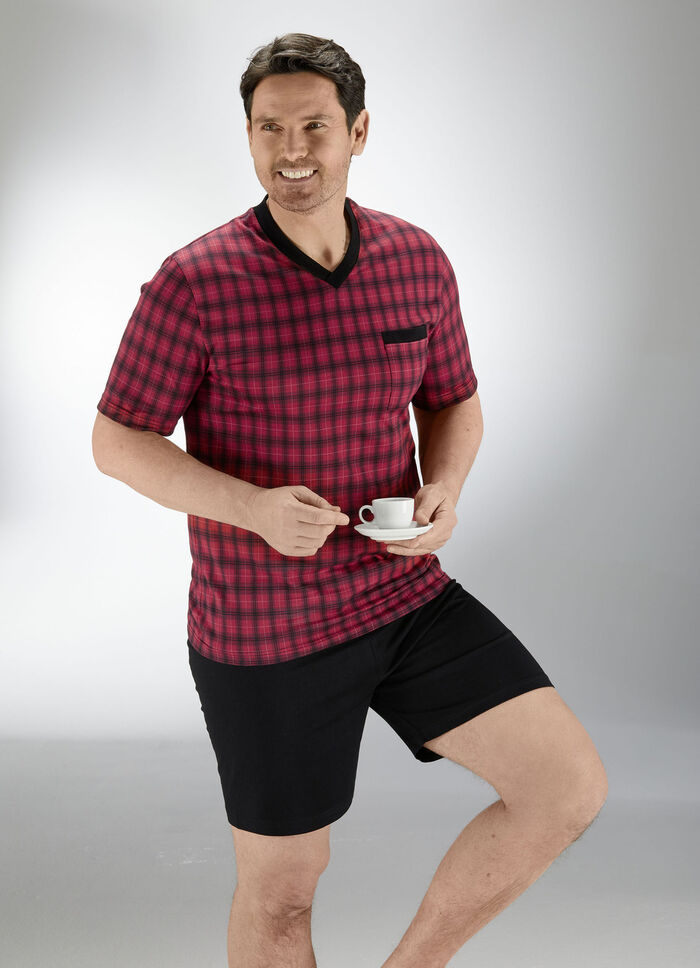 Shorty met V-hals, borstzak en ruitpatroon 