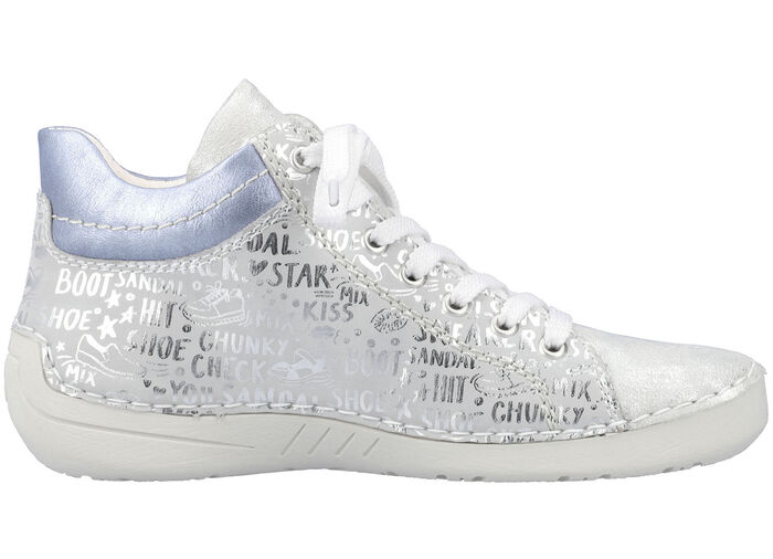 Rieker veterlaarsje van origineel bedrukt synthetisch materiaal ZILVER-GRIJS-BLAUW