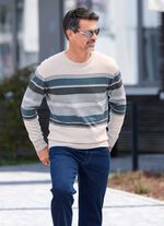 Trui met ronde hals NATUURGRIJS-JEANSBLAUW GESTREEPT