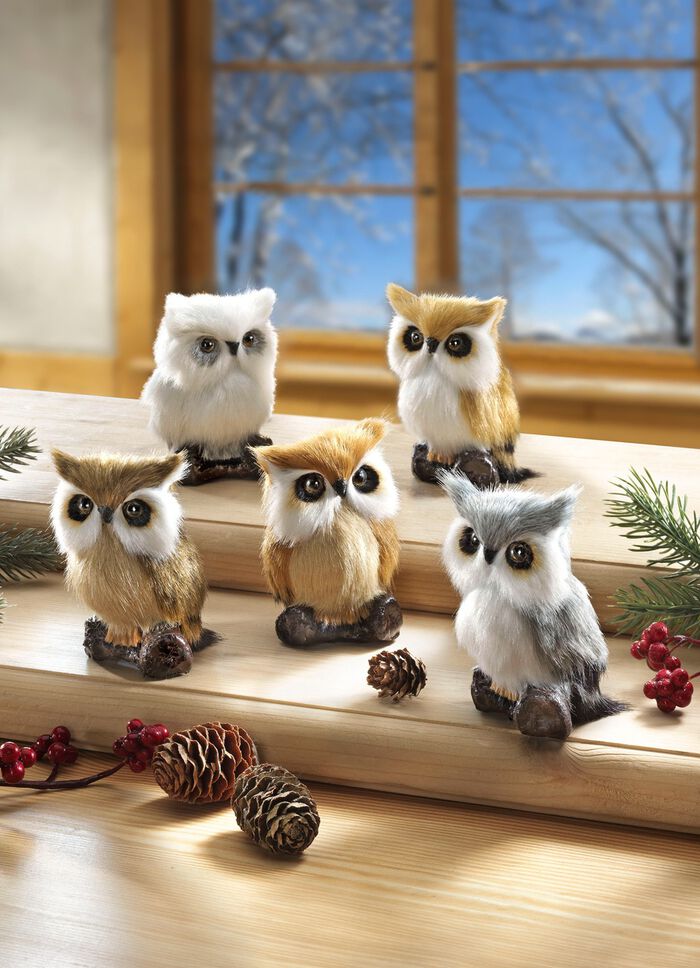 Uilen met nepbont, set van 5 