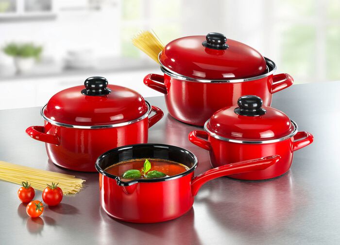 7-delige pannenset gemaakt van duurzaam ge&euml;mailleerd staal van GSW ROOD
