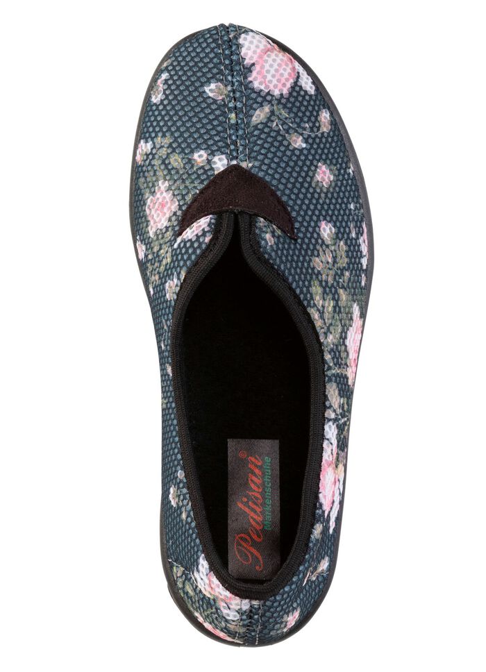 Comfortabele damespantoffels, breedte H, gemaakt van mesh-materiaal met bloemenprint GRAU-BUNT