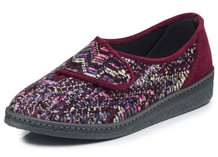 Klassieke damespantoffels, breedte H, met klittenbandsluiting BORDEAUX-MEERKLEURIG