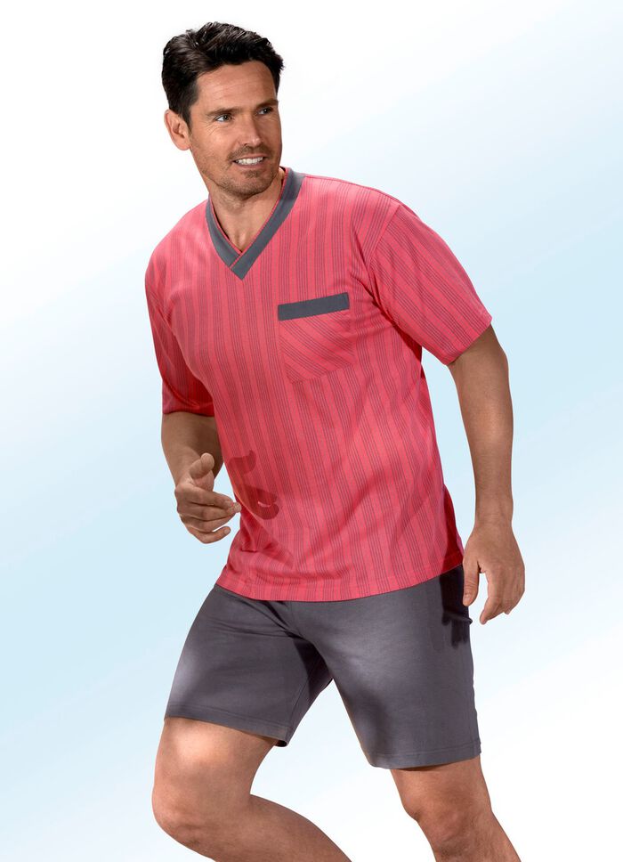 Shorty met streepmotief, V-hals en borstzakje 