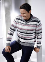 Trui met V-hals en uitgebreide afwerking ECRU-MARINE-BORDEAUXROOD GESTREEPT