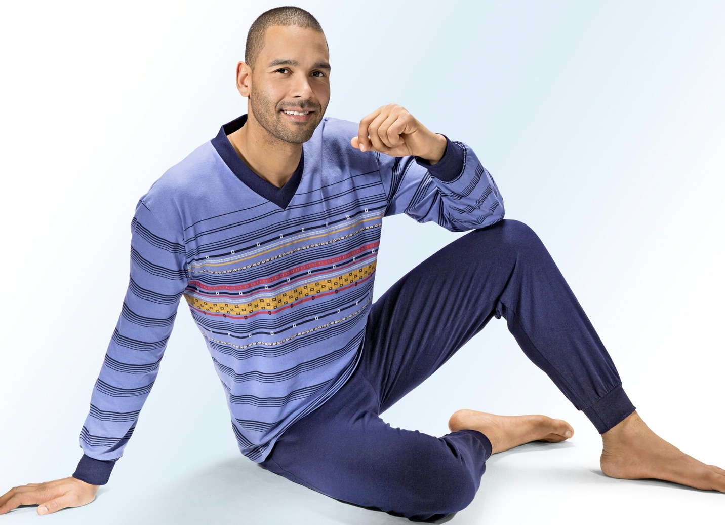 GLOBAL Herenpyjama, lang, katoen, nachtkleding, set met lange mouwen, shirt met zak, pyjamabroek, tweedelige set nachtkleding, M